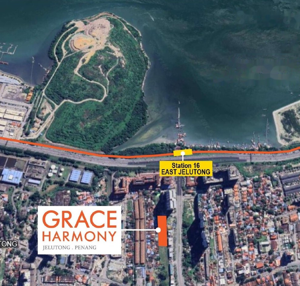 Map showing Grace Harmony and the proposed Station 16 East Jelutong on the LRT line